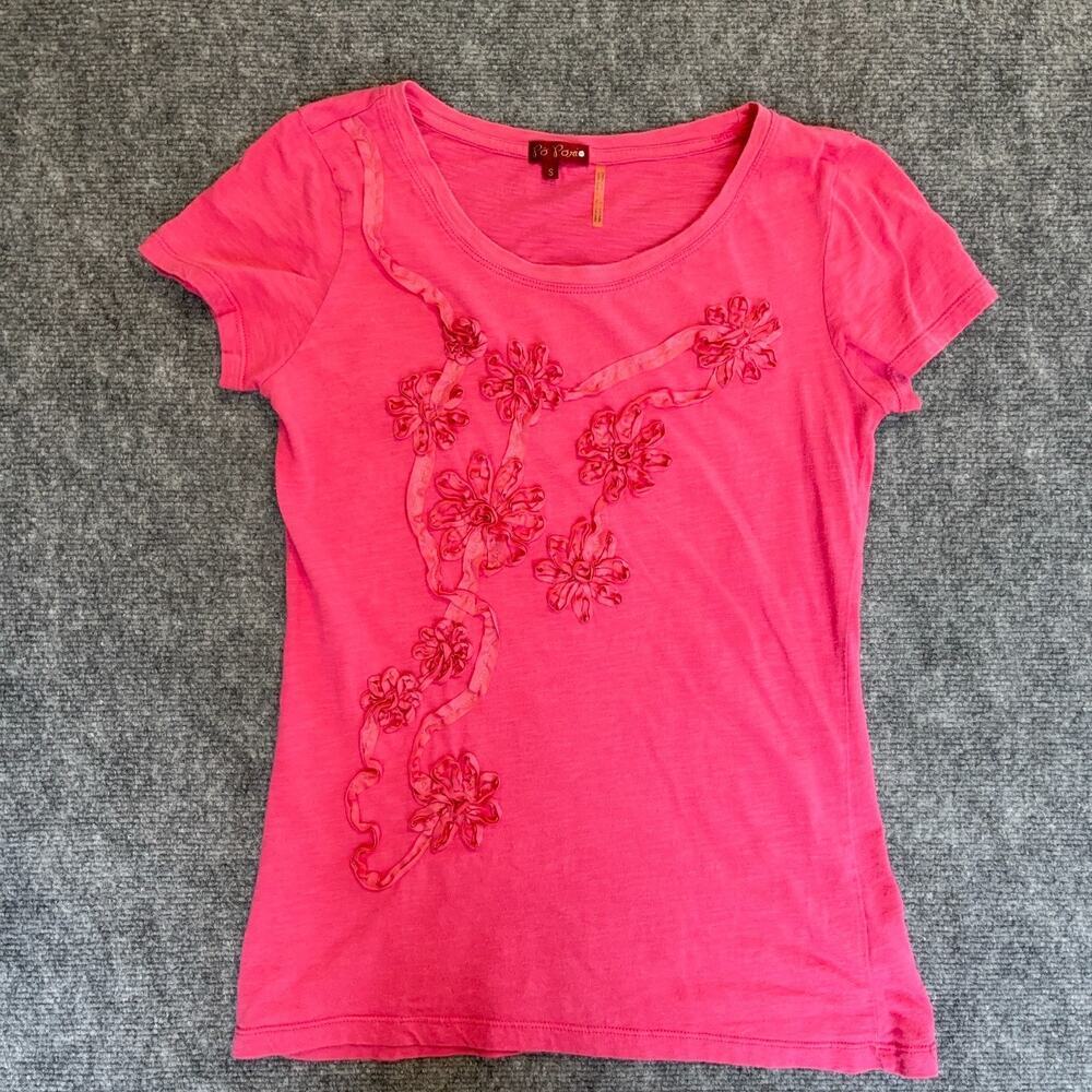 Po Pori Womens Small Pink Floral Applique Tee 100% Cotton Short Sleeve Top